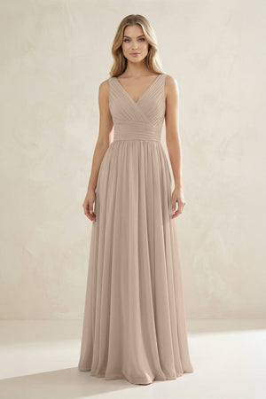 V - Neck Pleated A - Line Bridesmaid Dress in Almond - SHE IS ME Bridesmaid Dresses
