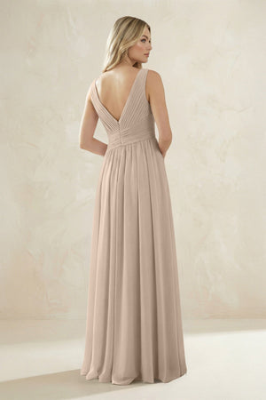 V - Neck Pleated A - Line Bridesmaid Dress in Almond - SHE IS ME Bridesmaid Dresses