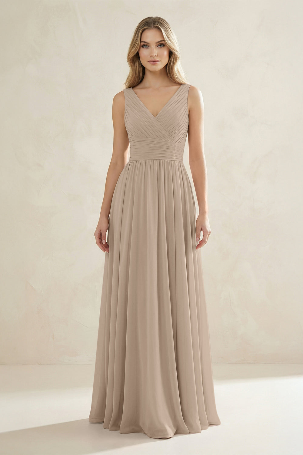 V-Neck Pleated A-Line Bridesmaid Dress in Almond