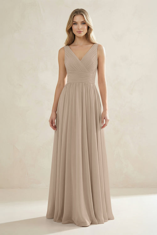 V-Neck Pleated A-Line Bridesmaid Dress in Almond | KISSBRIDAL