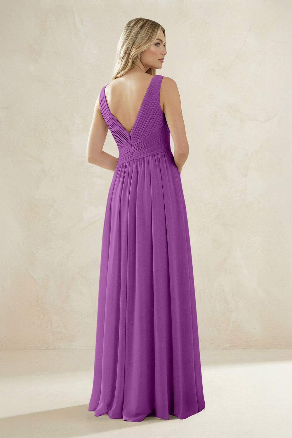 V - Neck Pleated A - Line Bridesmaid Dress in Amethyst - KISS BRIDAL Bridesmaid Dresses