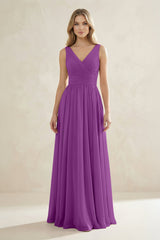 V - Neck Pleated A - Line Bridesmaid Dress in Amethyst - KISS BRIDAL Bridesmaid Dresses