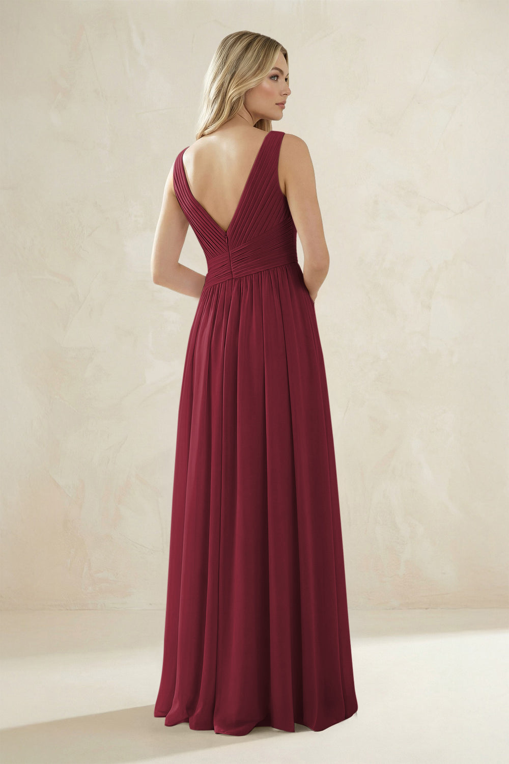V-Neck Pleated A-Line Bridesmaid Dress in Berry