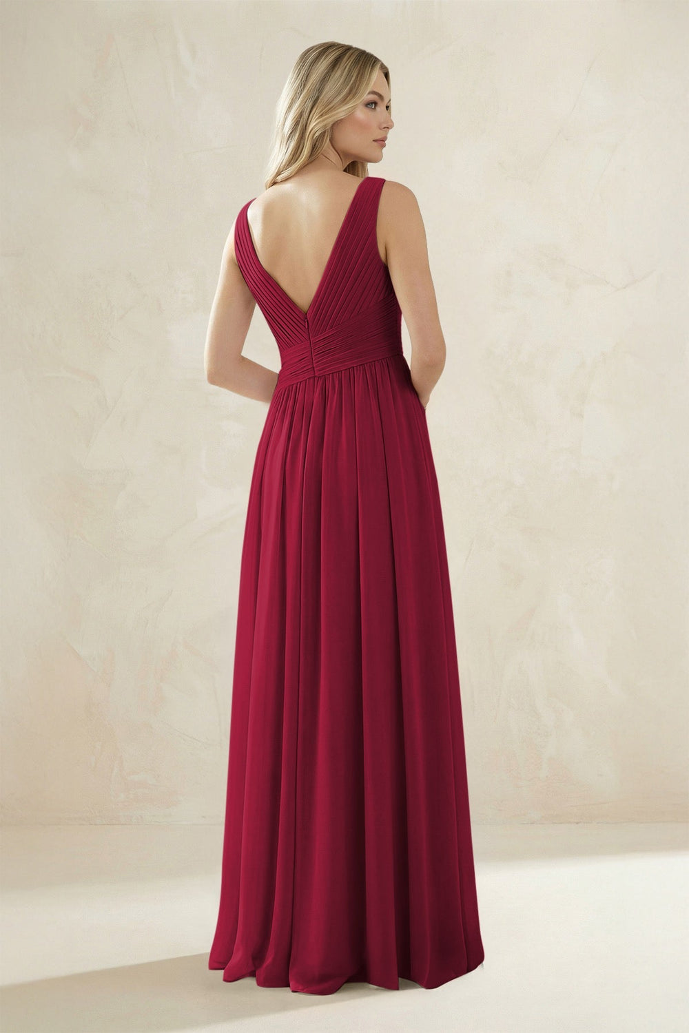 V - Neck Pleated A - Line Bridesmaid Dress in Berry - KISS BRIDAL Bridesmaid Dresses