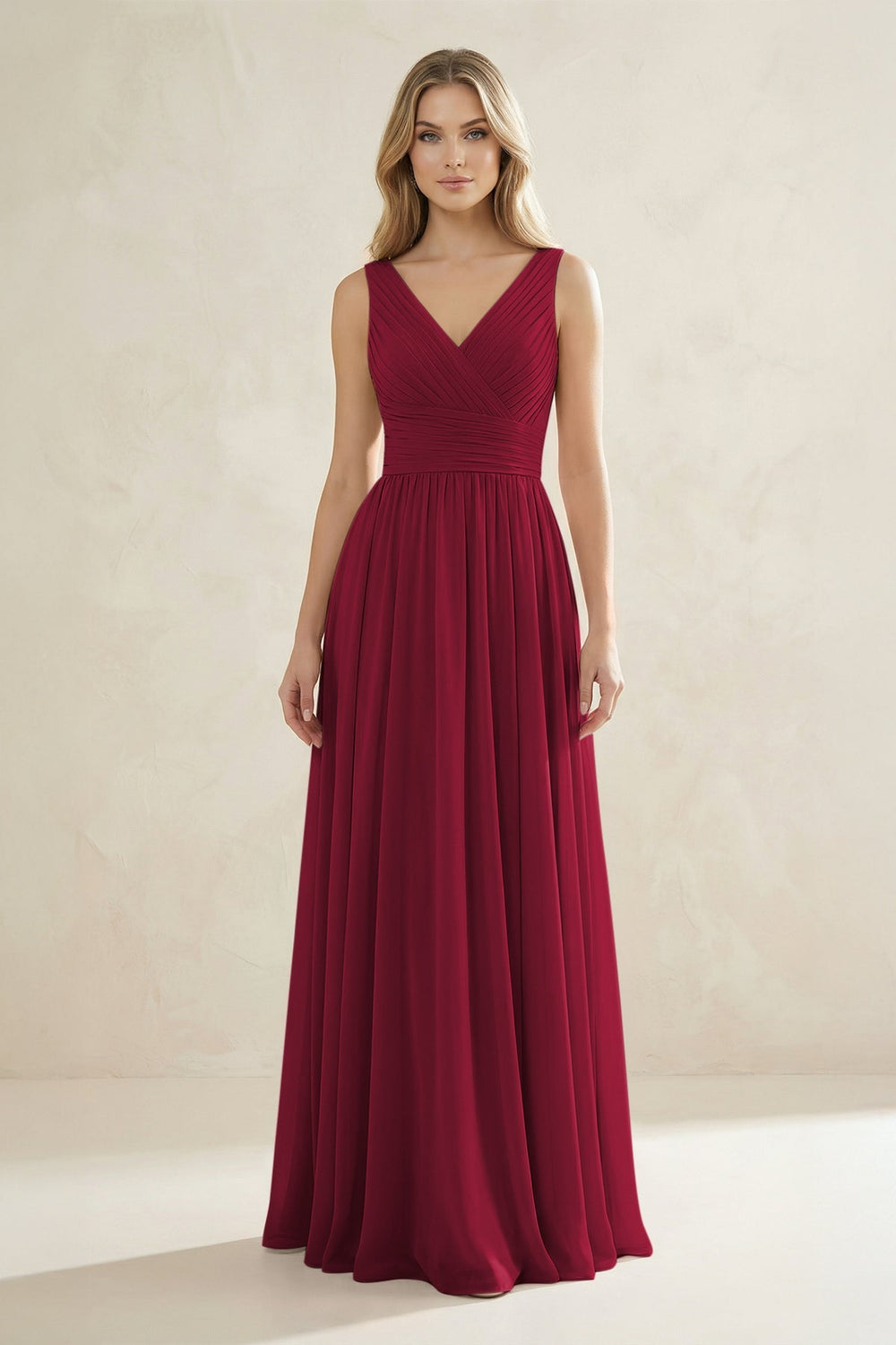 V - Neck Pleated A - Line Bridesmaid Dress in Berry - KISS BRIDAL Bridesmaid Dresses
