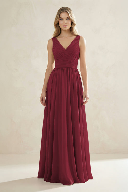 V-Neck Pleated A-Line Bridesmaid Dress in Berry | KISSBRIDAL