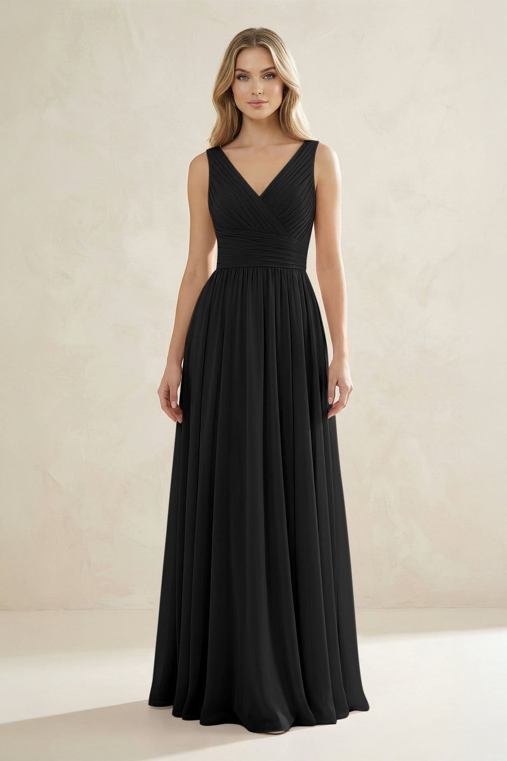V - Neck Pleated A - Line Bridesmaid Dress in Black - KISS BRIDAL Bridesmaid Dresses
