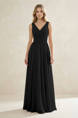 V - Neck Pleated A - Line Bridesmaid Dress in Black - KISS BRIDAL Bridesmaid Dresses