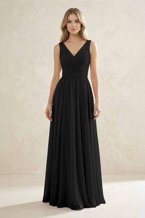 V - Neck Pleated A - Line Bridesmaid Dress in Black - SHE IS ME Bridesmaid Dresses