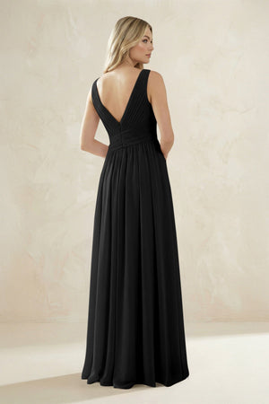 V - Neck Pleated A - Line Bridesmaid Dress in Black - SHE IS ME Bridesmaid Dresses