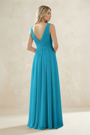 V - Neck Pleated A - Line Bridesmaid Dress in Blue Jay - SHE IS ME Bridesmaid Dresses
