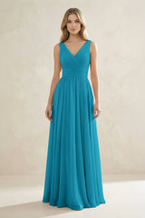 V - Neck Pleated A - Line Bridesmaid Dress in Blue Jay - KISS BRIDAL Bridesmaid Dresses