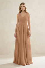 V - Neck Pleated A - Line Bridesmaid Dress in Bronzer - KISS BRIDAL Bridesmaid Dresses