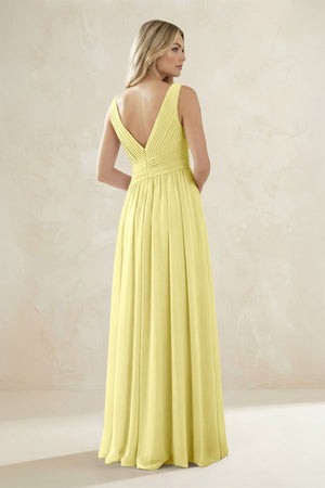 V - Neck Pleated A - Line Bridesmaid Dress in Buttercup - SHE IS ME Bridesmaid Dresses