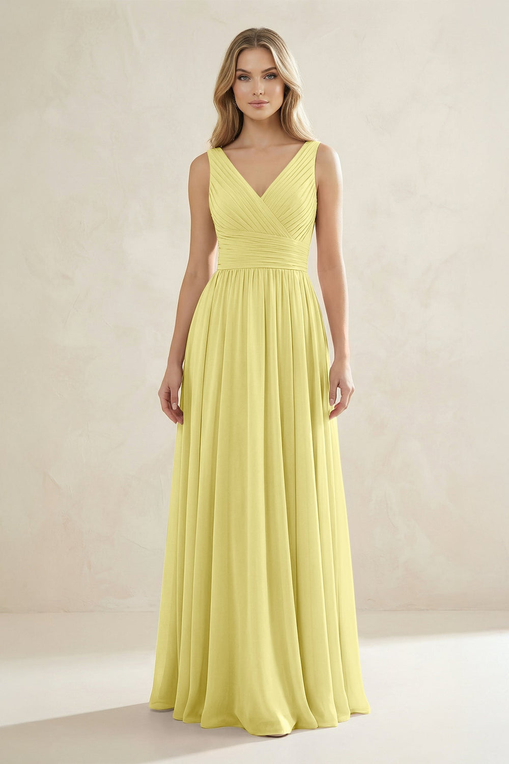 V - Neck Pleated A - Line Bridesmaid Dress in Buttercup - KISS BRIDAL Bridesmaid Dresses
