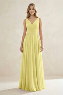 V - Neck Pleated A - Line Bridesmaid Dress in Buttercup - SHE IS ME Bridesmaid Dresses