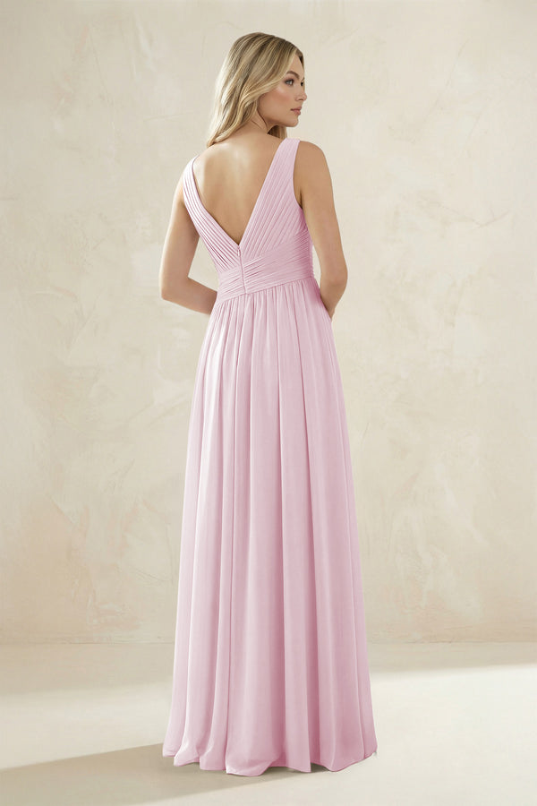 V-Neck Pleated A-Line Bridesmaid Dress in Candy Pink (2) | KISSBRIDAL