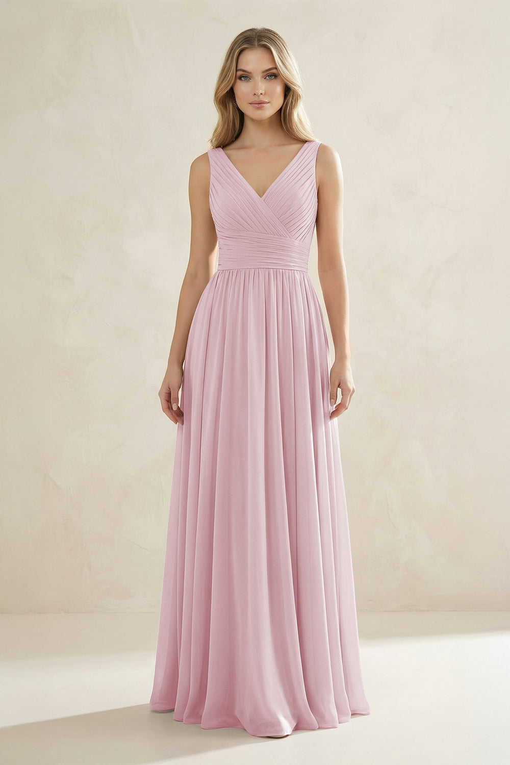 V - Neck Pleated A - Line Bridesmaid Dress in Candy Pink - KISS BRIDAL Bridesmaid Dresses