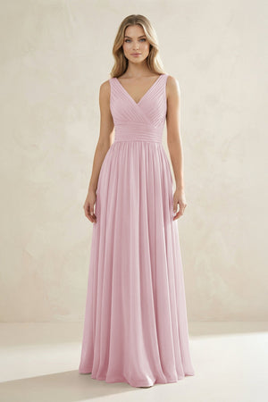 V - Neck Pleated A - Line Bridesmaid Dress in Candy Pink - SHE IS ME Bridesmaid Dresses