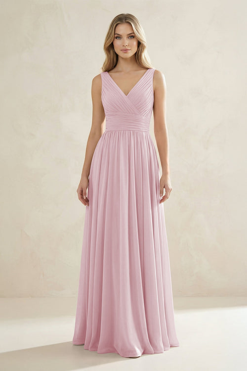 V - Neck Pleated A - Line Bridesmaid Dress in Candy Pink - SHE IS ME Bridesmaid Dresses