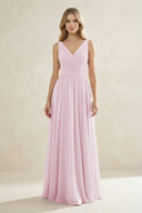 V-Neck Pleated A-Line Bridesmaid Dress in Candy Pink | KISSBRIDAL