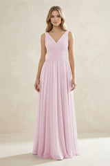 V-Neck Pleated A-Line Bridesmaid Dress in Candy Pink | KISSBRIDAL