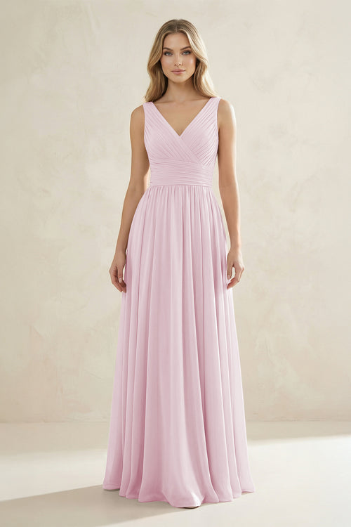 V-Neck Pleated A-Line Bridesmaid Dress in Candy Pink | KISSBRIDAL