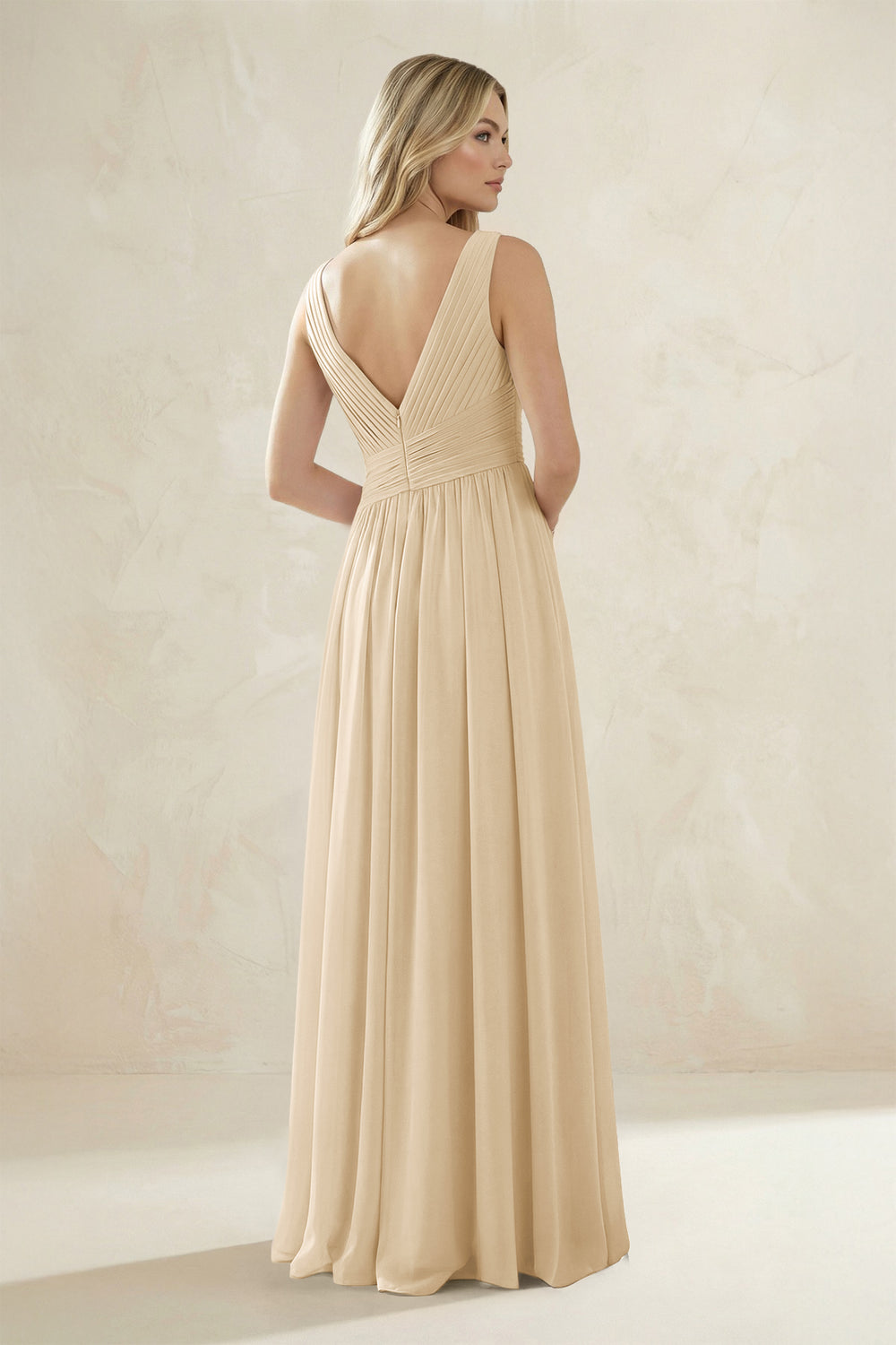 V-Neck Pleated A-Line Bridesmaid Dress in Champagne