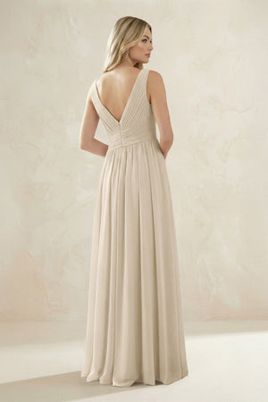 V - Neck Pleated A - Line Bridesmaid Dress in Champagne - SHE IS ME Bridesmaid Dresses
