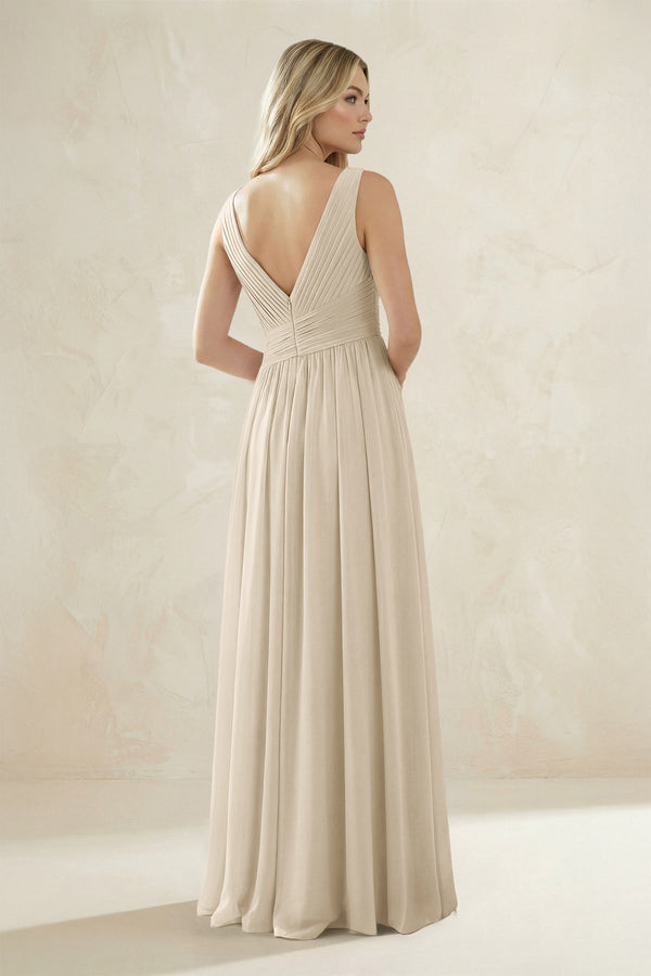 V - Neck Pleated A - Line Bridesmaid Dress in Champagne - SHE IS ME Bridesmaid Dresses