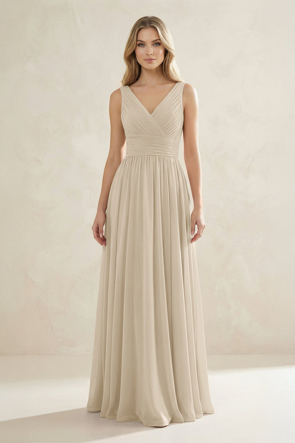 V - Neck Pleated A - Line Bridesmaid Dress in Champagne - KISS BRIDAL Bridesmaid Dresses