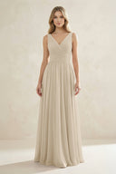 V - Neck Pleated A - Line Bridesmaid Dress in Champagne - SHE IS ME Bridesmaid Dresses