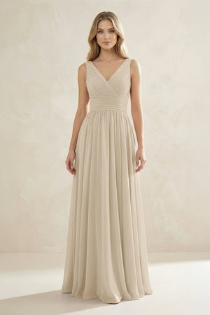 V - Neck Pleated A - Line Bridesmaid Dress in Champagne - SHE IS ME Bridesmaid Dresses