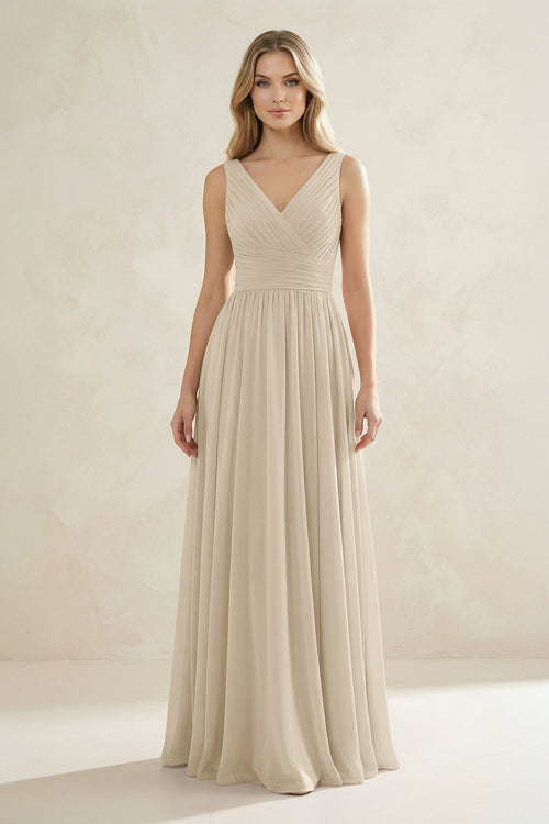 V - Neck Pleated A - Line Bridesmaid Dress in Champagne - SHE IS ME Bridesmaid Dresses