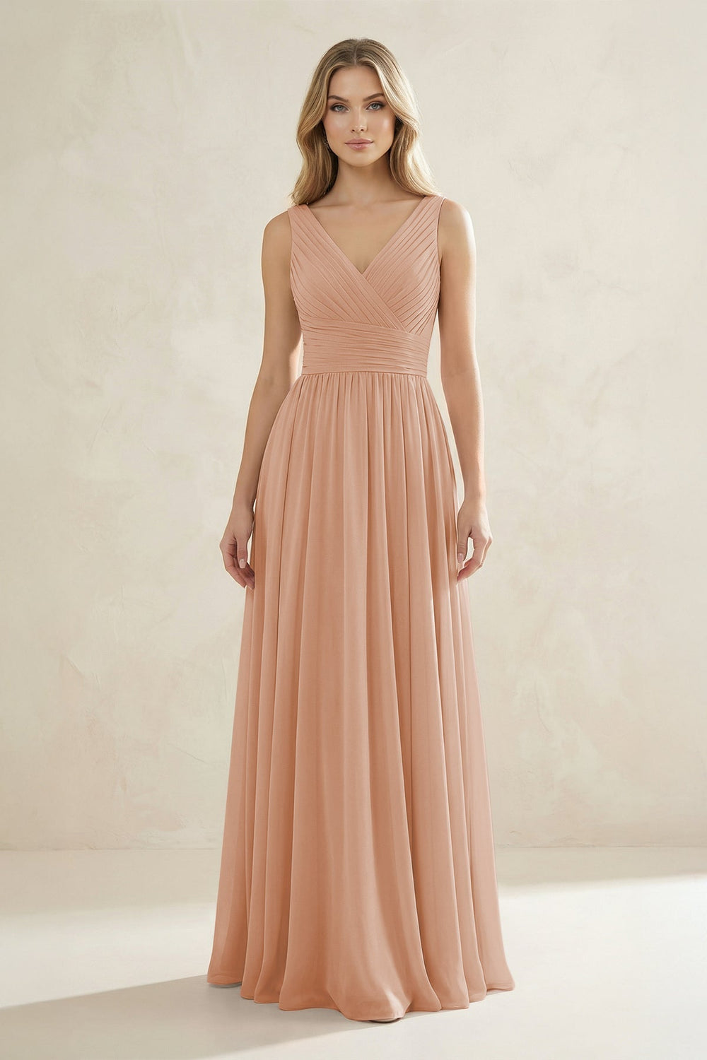 V - Neck Pleated A - Line Bridesmaid Dress in Champagne Rose - KISS BRIDAL Bridesmaid Dresses