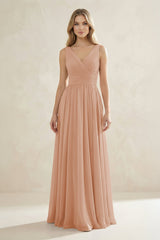 V - Neck Pleated A - Line Bridesmaid Dress in Champagne Rose - KISS BRIDAL Bridesmaid Dresses