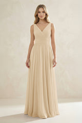 V-Neck Pleated A-Line Bridesmaid Dress in Champagne | KISSBRIDAL
