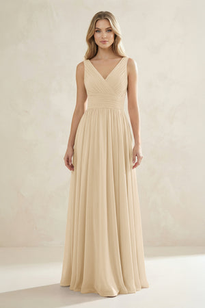 V-Neck Pleated A-Line Bridesmaid Dress in Champagne | KISSBRIDAL