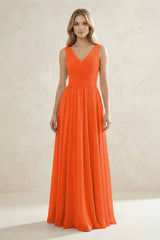 V-Neck Pleated A-Line Bridesmaid Dress in Cinnamon | KISSBRIDAL