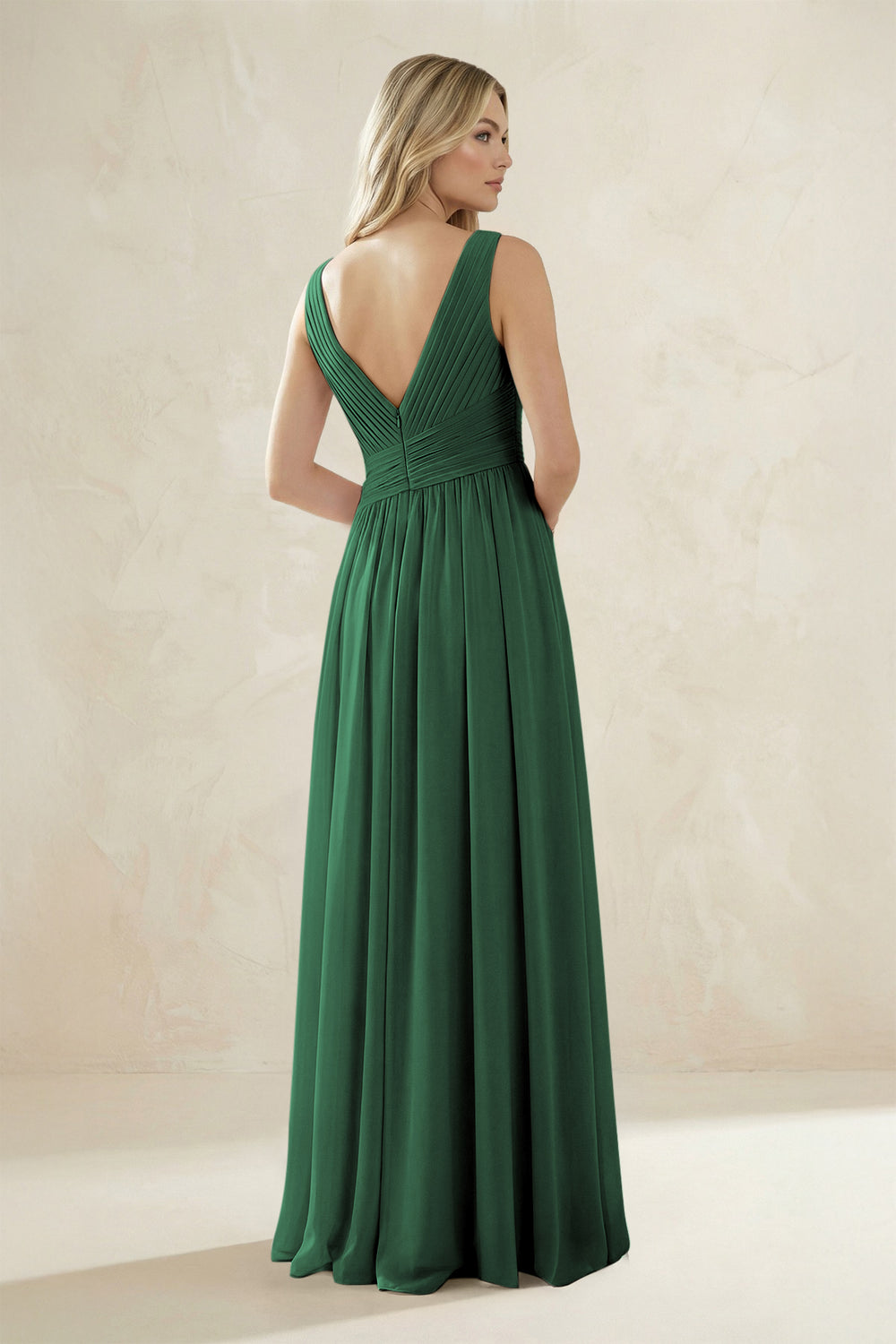 V-Neck Pleated A-Line Bridesmaid Dress in Dark Green