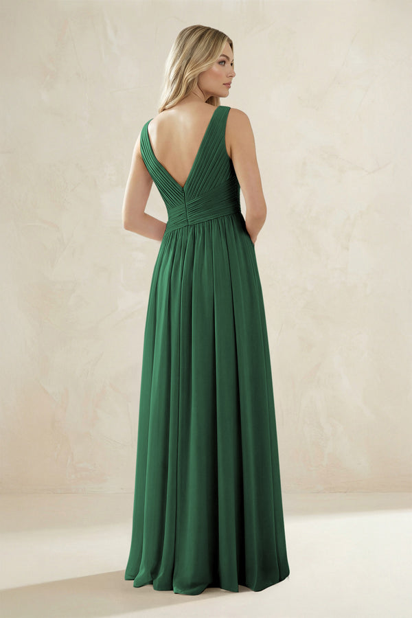 V-Neck Pleated A-Line Bridesmaid Dress in Dark Green (2) | KISSBRIDAL