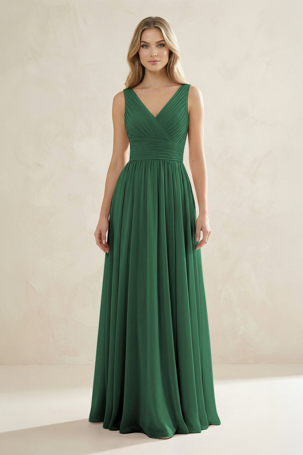 V-Neck Pleated A-Line Bridesmaid Dress in Dark Green