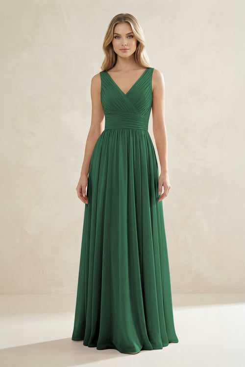 V-Neck Pleated A-Line Bridesmaid Dress in Dark Green | KISSBRIDAL