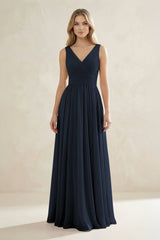 V - Neck Pleated A - Line Bridesmaid Dress in Dark Navy - KISS BRIDAL Bridesmaid Dresses