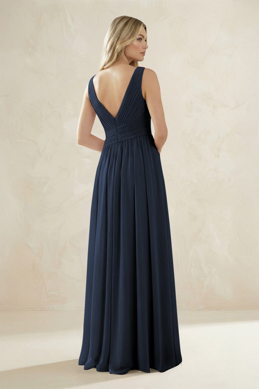 V - Neck Pleated A - Line Bridesmaid Dress in Dark Navy - KISS BRIDAL Bridesmaid Dresses