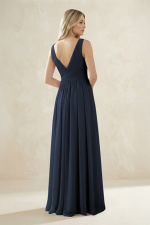 V - Neck Pleated A - Line Bridesmaid Dress in Dark Navy - SHE IS ME Bridesmaid Dresses
