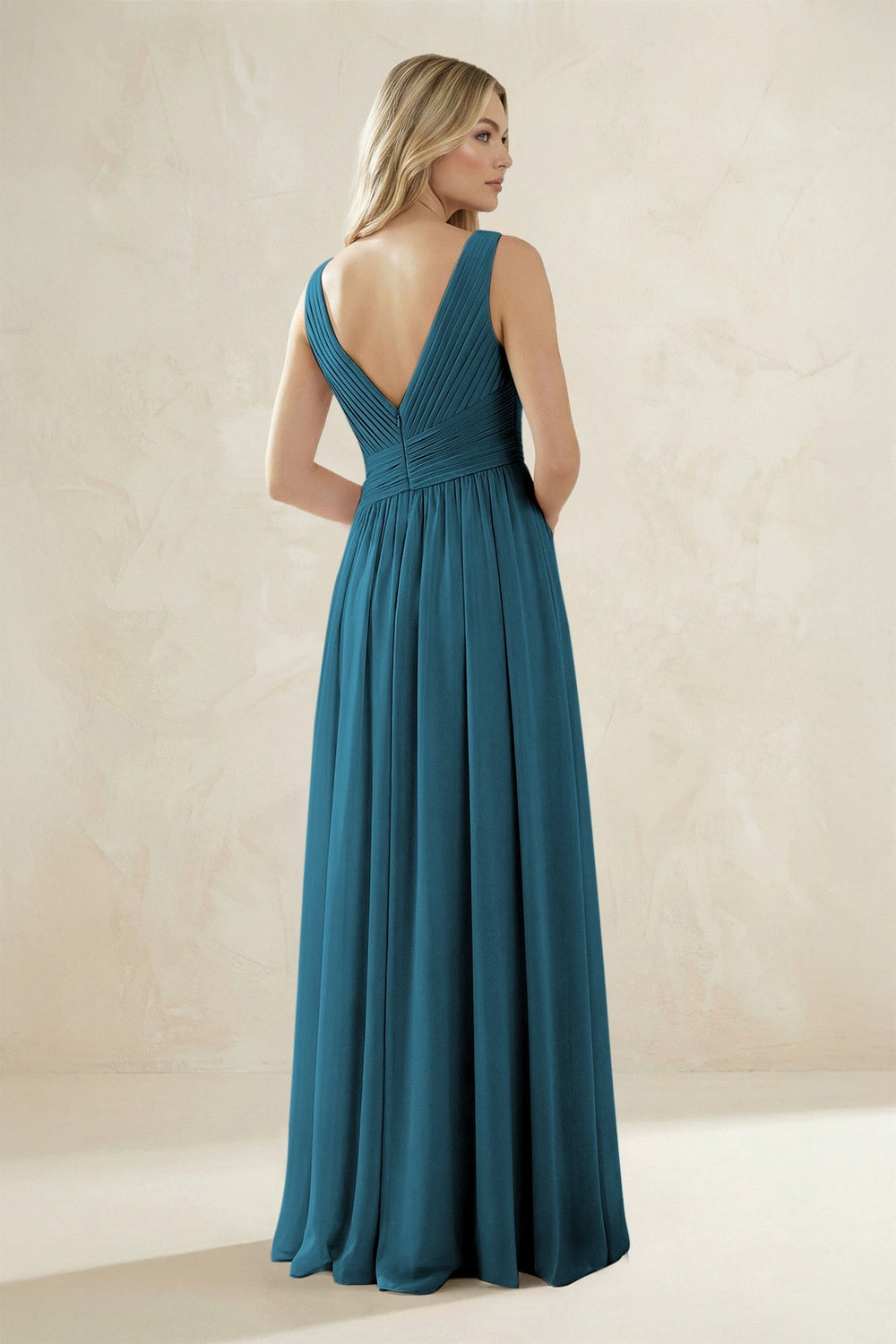 V - Neck Pleated A - Line Bridesmaid Dress in Dark Teal - KISS BRIDAL Bridesmaid Dresses