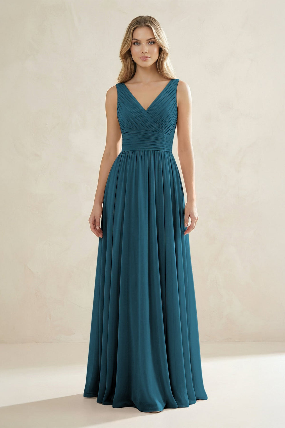 V - Neck Pleated A - Line Bridesmaid Dress in Dark Teal - KISS BRIDAL Bridesmaid Dresses