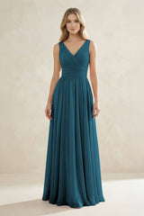 V - Neck Pleated A - Line Bridesmaid Dress in Dark Teal - KISS BRIDAL Bridesmaid Dresses