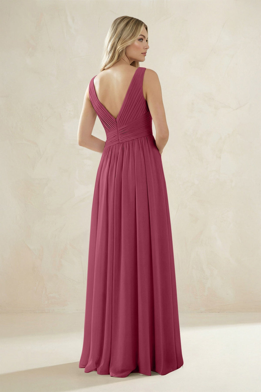 V - Neck Pleated A - Line Bridesmaid Dress in Desert Rose - KISS BRIDAL Bridesmaid Dresses